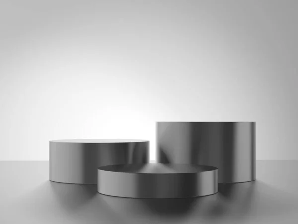 Cylinder metal podium isolated on gray background. Template for visualizing products. Exhibition. 3d illustration. Steel.