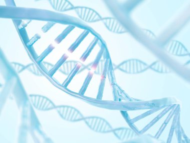 DNA yapısı. Soyut biyoteknoloji geçmişi var. Çift sarmal. 3 boyutlu illüstrasyon. Mavi renk.