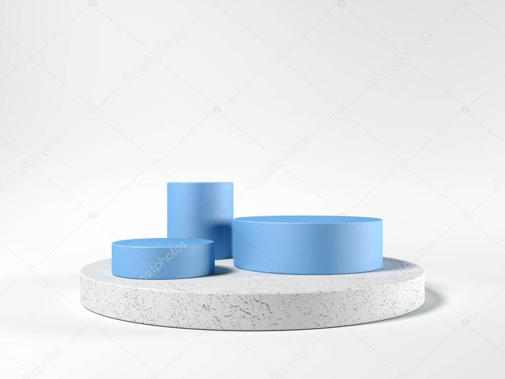 Cylinder podium. Template for visualizing products. Exhibition. 3d illustration. Blue and gray. Abstract shapes.