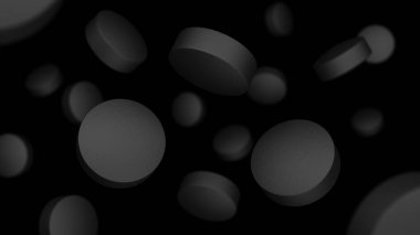 Aktif kömür tabletleri siyah arka planda izole edilmiş. Haplar. Karbon. 3d illüstrasyon.