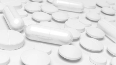 Beyaz arka planda izole edilmiş beyaz kapsüller ve tabletler. Haplar. 3d illüstrasyon.
