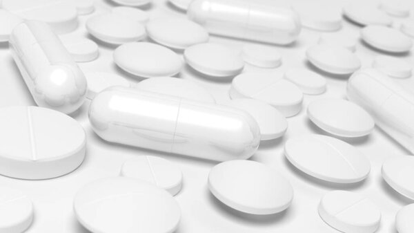 White capsules and tablets isolated on white background. Pills. 3d illustration.