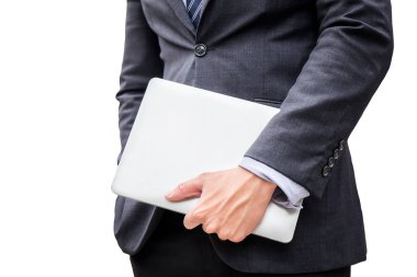 Akıllı iş adam tutun laptop, bilgisayar, beyaz arka plan üzerinde office eserlerindeki izole kopya alanı içinde iş, teknoloji, fikir, bağlantı ve modern bir kavram ile yapmak için