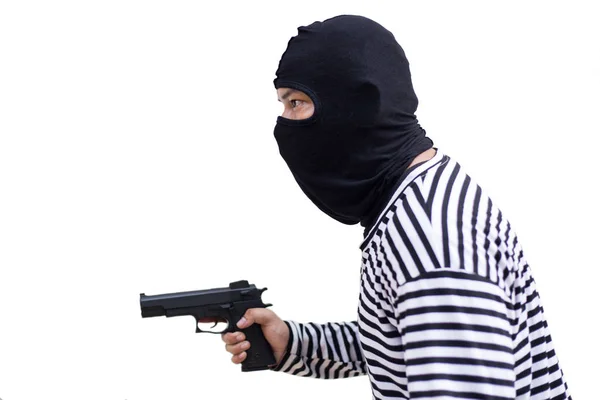 Ladrón Asesinato Arma Pistola Retención Mirar Objetivo Para Dinero Fondo —  Fotos de Stock