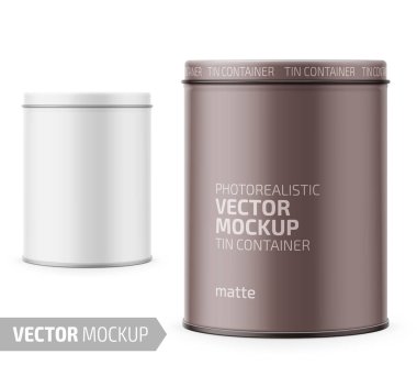 Yuvarlak beyaz mat teneke kapak ile. Kuru ürünler - çay, kahve, şeker, tahıllar, şeker, baharat kapsayıcısı. Foto-gerçekçi ambalaj vektör mockup şablon örnek tasarımı ile. 3D illüstrasyon vektör.