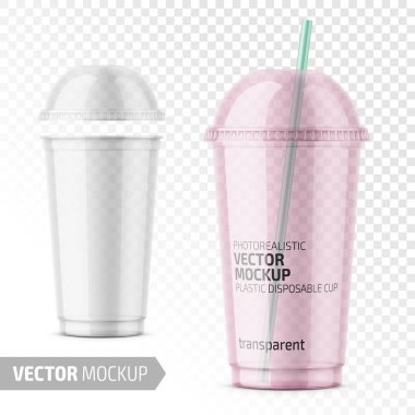Boş şeffaf plastik tek kullanımlık bardak soğuk Içecek - soda, buzlu çay veya kahve, kokteyl, muzlu süt, meyve suyu için kubbe kapaklı. 450 ml. gerçekçi ambalaj mockup şablonu. Vektör çizim.
