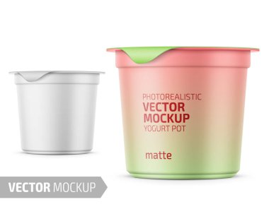 Round white matte plastic pot with foil cover for yogurt, cream, dessert or jam. 125 ml. Photo-realistic packaging mockup template with sample design. Vector 3d illustration. clipart