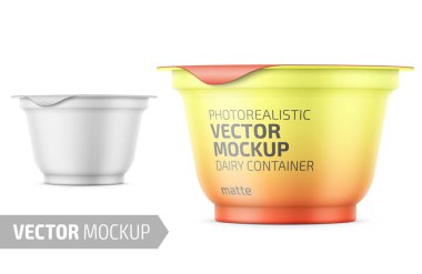 Yuvarlak beyaz mat plastik kap yoğurt, dondurma, tatlı veya reçel için folyo kapak ile. 200 ml. Foto-gerçekçi ambalaj mockup örnek tasarım şablonu. Vektör çizim.