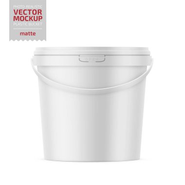 White matte plastic bucket for food products, paint, household stuff. 900 ml. Realistic packaging mockup template. Handle down forward. Vector illustration. clipart