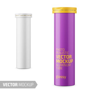 Yuvarlak beyaz parlak alüminyum tüp için kapaklı efervesan veya karbon tabletleri, hapları, vitamin. Foto-gerçekçi ambalaj mockup örnek tasarım şablonu. 3D vektör çizim.
