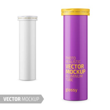 Round white glossy aluminum tube with cap for effervescent or carbon tablets, pills, vitamins. Photo-realistic packaging mockup template with sample design. 3d vector illustration. clipart
