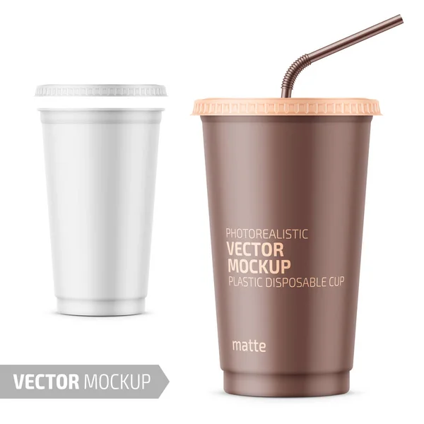 White disposable plastic cup with lid and straw. — Stock Vector