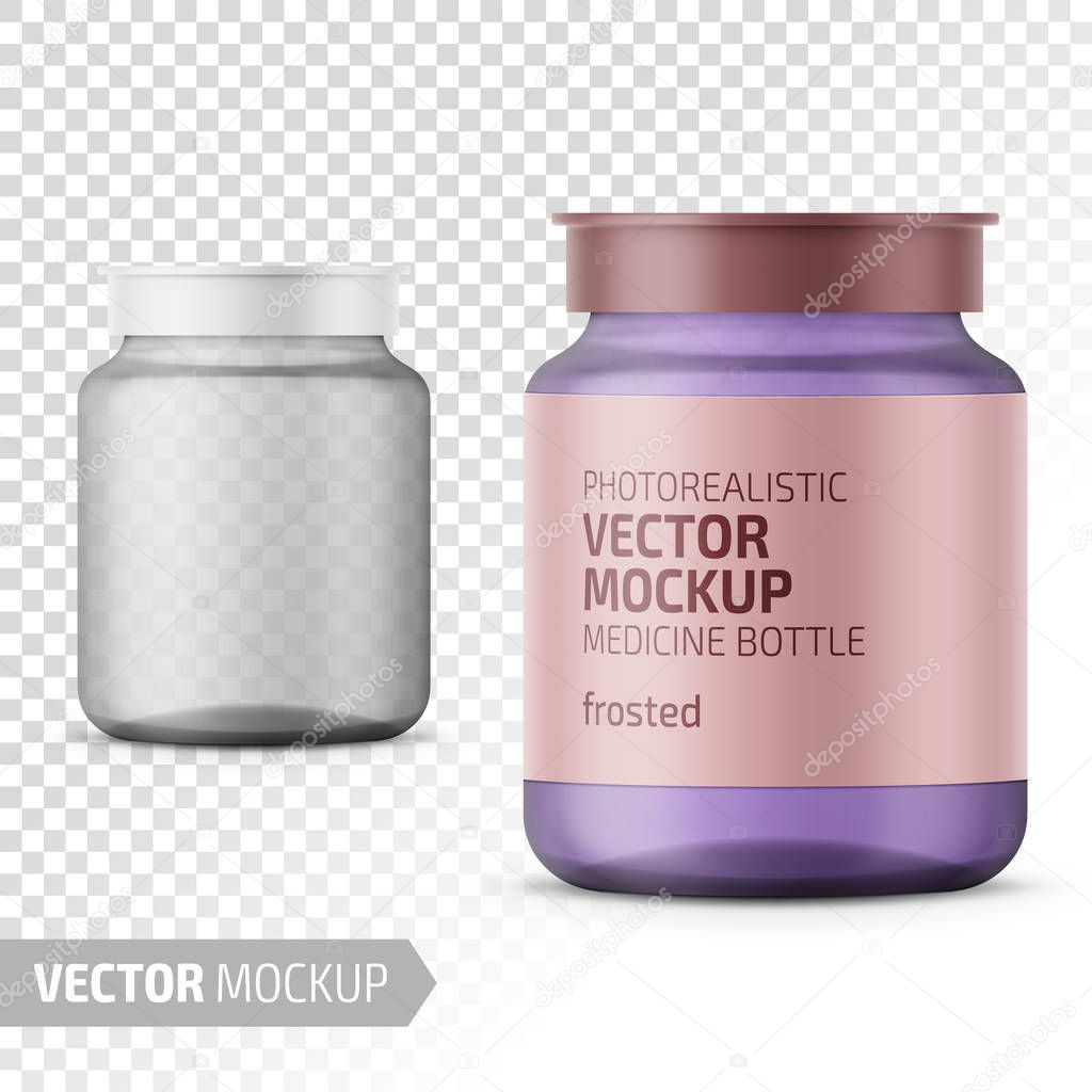 Clear frosted glass medicine bottle with snap lid for tablets, pills, drugs. Photo-realistic packaging mockup template with sample design. Vector 3d illustration.