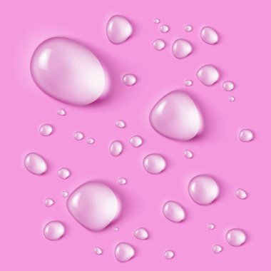 Pembe arka planda gerçekçi su damlaları seti.