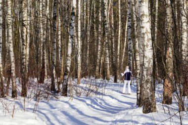 Bir kız ormanda kışın kayak