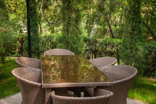 Плетеные стулья и стол в саду возле деревьев . — стоковое фото