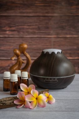 Taze frangipani çiçek, cam yağ şişeleri, bazı ham ahşap ve ahşap sevgi heykeli esans difüzör