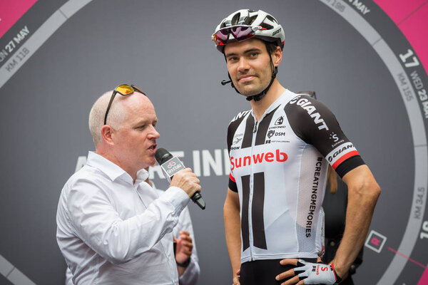 Roma, Italy May 27, 2018: Tom Dumoulin, Sunweb Pro Team, during an interview before the start of the last stage of the Giro D'Italia 2018 with arrival in the capital Rome after 21 days of Race. 