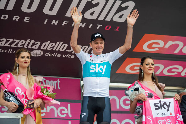 Cervinia, Italy 26 May 2018: Chris Froome , Sky Team,  wait for the award ceremony on the podium in Cervinia after a hard montain stage of the Tour of Italy 2018 from Susa to Cervinia.