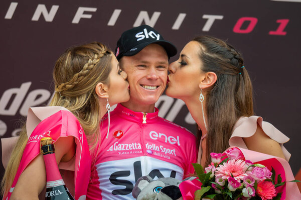Cervinia, Italy 26 May 2018: Chris Froome , Sky Team, in Pink jersey of leader on the podium in Cervinia after a hard montain stage of the Tour of Italy 2018 from Susa to Cervinia.