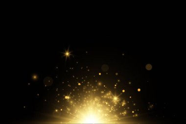 Siyah arka planda izole edilmiş parlak altın yıldızlar. Efektler, parıltı, çizgiler, parıltı, patlama, altın ışık. Vektör illüstrasyonu