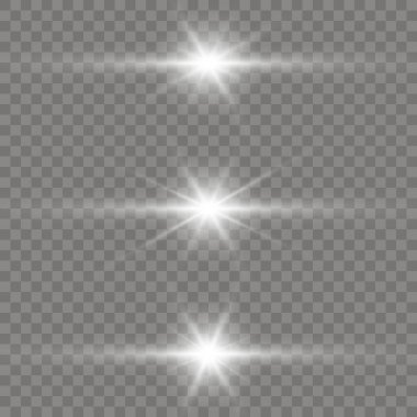 Beyaz parlayan ışık şeffaf bir arkaplanda patlar. Parlak sihirli toz parçacıkları. Parlak Yıldız. Şeffaf, parlak güneş. Vektör ışıltısı.