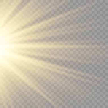Parlak ışık saçan yıldız, saydam bir arkaplanda parlayan sarı ışık, parlak yıldız, altın ışık efekti, ışıltılı güneş ışığı, sarı güneş ışınları, vektör.
