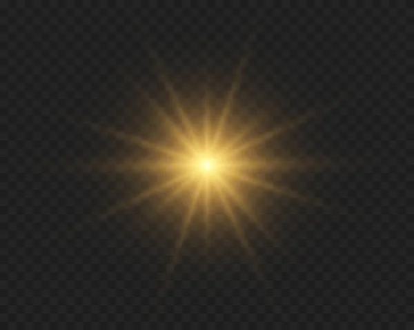这颗恒星闪烁着光芒 黄色的光芒在透明的背景上闪耀 明亮的恒星闪耀 金色的光芒 闪烁着光芒的光芒 黄色的太阳光 — 图库矢量图片