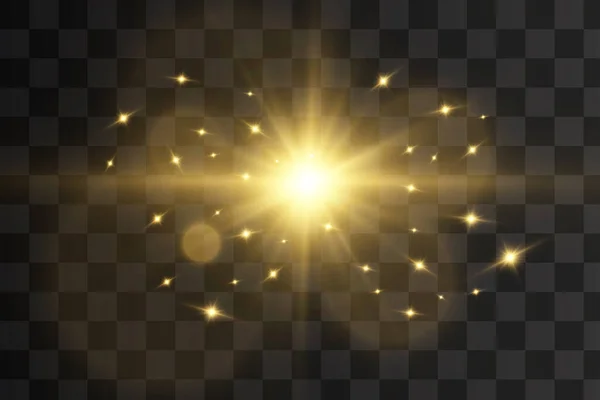 这颗恒星闪烁着光芒 黄色的光芒在透明的背景上闪耀 明亮的恒星闪耀 金色的光芒 闪烁着光芒的光芒 黄色的太阳光 — 图库矢量图片