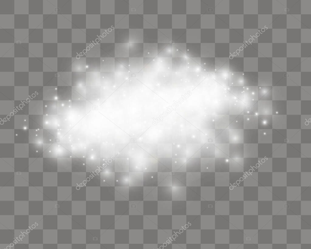 Sparkling magical dust particles. Glowing light effect with many glitter particles isolated on transparent background. Christmas abstract pattern. Vector sparkles on a transparent background.