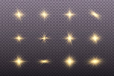Şeffaf bir arkaplanda bulunan bir dizi altın parıldayan ışık efekti. Güneş ışığı ve spot ışıklarıyla parlıyor. Işık efekti. Yıldız ışıl ışıl parlıyor.