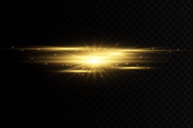 Şık altın ışık efekti. Soyut lazer ışınları. Kaotik neon ışınları. Altın parıltılar. Şeffaf karanlık arka planda izole edilmiş. Vektör çizimi. EPS 10