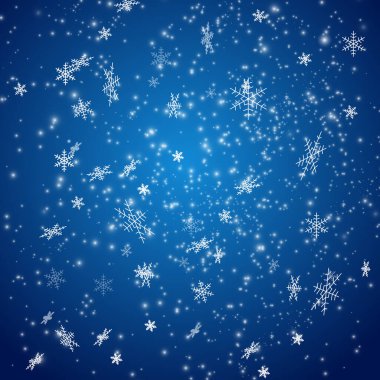 Noel karı yağıyor. Şeffaf arkaplanda kar taneleri izole edildi. Şiddetli kar yağışı, farklı şekil ve formlarda kar taneleri.