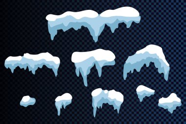 Kar, kış için tavan kapağı tasarlıyor. Beyaz mavi kar topu şablonu. Karlı buz saçağı çerçeve dekorasyonu şeffaf arkaplanı izole etti. Üç boyutlu gerçekçi. Noel, Yeni Yıl Donmuş Doku Vektörü illüstrasyonu