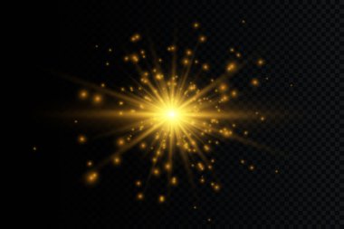 Beyaz parlayan ışık şeffaf bir arkaplanda patlar. Parlak sihirli toz parçacıkları. Parlak Yıldız. Şeffaf, parlak güneş. Vektör ışıltısı. Parlak bir ışıltı için.