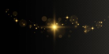 Parlayan yıldız, güneş parçacıkları ve parlak bir efektle kıvılcımlar, renkli bokeh ışıkları parıltı ve pullar. Koyu bir arka planda şeffaf. Vektör, EPS10