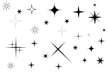 Vektör yıldızları parlayan simge kümesi. Parlak havai fişek, pırıltı, pırıltı. Parıltı sembolleri vektörü. Parlayan ışık efekti yıldız koleksiyonu.
