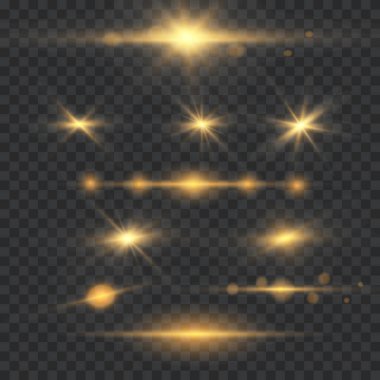 Set of flashes, Lights and Sparkles on a transparent background. Bright gold flashes and glares. Abstract golden lights isolated Bright rays of light. Glowing lines. Vector illustration eps 10. clipart