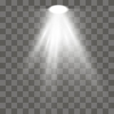 Altın ışınlar ve kirişlerle parlayan ışık efekti. Saydam arkaplanda izole edilmiş spot ışığı..