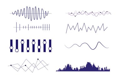 Vektör müzik ses dalgaları ayarlandı. Ses dijital dengeleyici teknolojisi, konsol paneli, müzik darbesi.