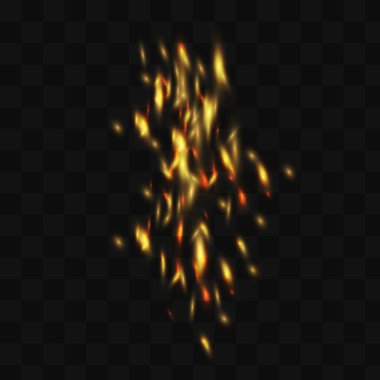 Yanan parçacıklar. Gerçekçi izole edilmiş yangın efekti. Dekorasyon için duman ve şeffaf arkaplanı kaplıyor. Kırmızı ve sarı ışık etkisi. Işıltı, alev ve ışık kavramı.