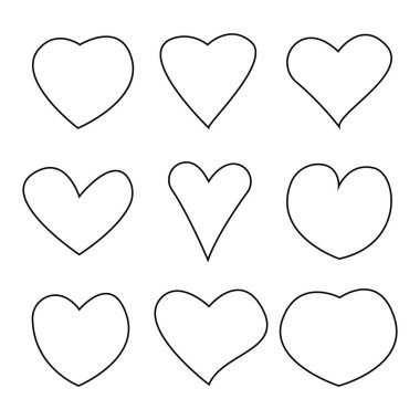 Vektör kalp simgeleri. Kusursuz aşkın sembolü. Sevgililer Günü rozeti, beyaz arka planda izole edilmiş bir amblem, grafik ve web tasarımı için düz stil, logo. Siyah resim EPS10.