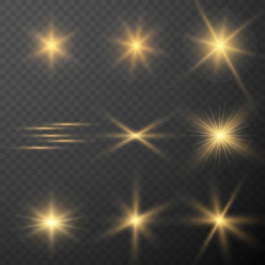 Altından parlayan ışık şeffaf bir arkaplanda patlar. Parlak sihirli toz parçacıkları. Parlak Yıldız. Şeffaf, parlak güneş. Vektör ışıltısı. Parlak bir ışıltı için.