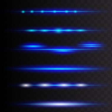 Karanlık arka planda parlak çizgiler. Mavi yatay mercek fişeği paketi. Lazer ışınları, yatay ışık ışınları. Güzel ışık parlamaları. Parlak, soyut, ışıltılı arka plan..