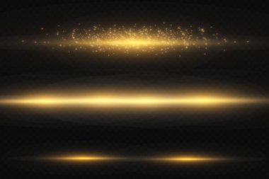 Şık altın ışık efekti. Soyut lazer ışınları. Kaotik neon ışınları. Altın parıltılar. Şeffaf karanlık arka planda izole edilmiş. Vektör çizimi. EPS 10