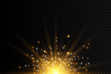 Şeffaf bir arkaplanda yanıp sönen ışıklar ve parıltılar. Parlak altın yanıp sönüyor. Soyut altın ışıklar parlak ışık huzmelerini izole etti. Parlak çizgiler. Vektör illüstrasyonu 10.