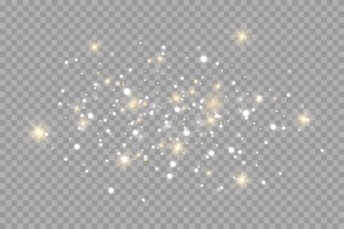 Toz kıvılcımları ve altın yıldızlar özel ışıkla parlıyor. Şeffaf bir arkaplanda vektör parıldıyor. Noel ışığı etkisi. Parlak sihirli toz parçacıkları.