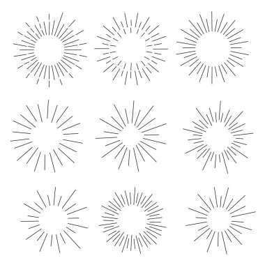 Farklı şekillerde Vintage Sunburst seti. Moda El Çekimi Retro Patlama Işınları Tasarım Elementleri. Hipster Vektör illüstrasyonu