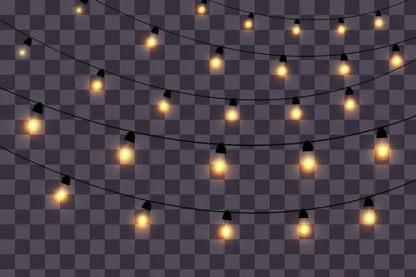 Kartlar, afişler, posterler, web tasarımı için saydam arka planda izole edilmiş Noel ışıkları. Altın Xmas seti parıldayan çelenk Led neon lambası illüstrasyon