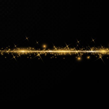 Sarı yatay mercek fişekleri paketi. Lazer ışınları, yatay ışık ışınları. Çok güzel ışık parlamaları. Karanlık arka planda parlak çizgiler. Parlak, soyut, ışıl ışıl bir arka plan.